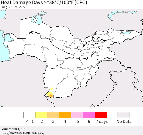 Central Asia Heat Damage Days >=38°C/100°F (CPC) Thematic Map For 8/22/2022 - 8/28/2022