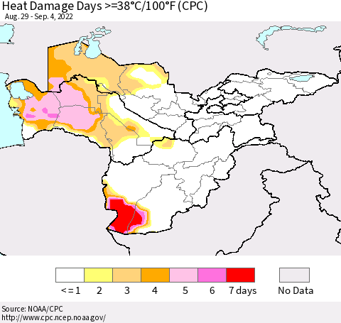 Central Asia Heat Damage Days >=38°C/100°F (CPC) Thematic Map For 8/29/2022 - 9/4/2022