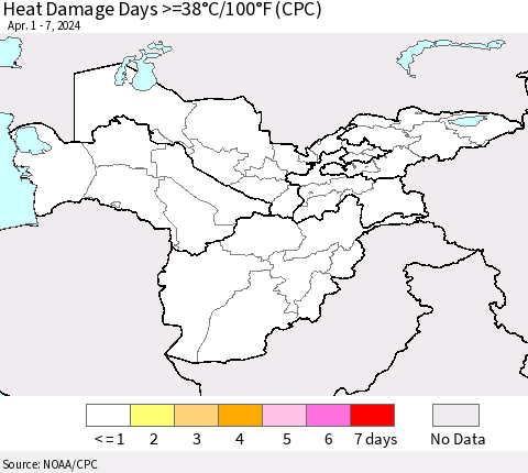 Central Asia Heat Damage Days >=38°C/100°F (CPC) Thematic Map For 4/1/2024 - 4/7/2024