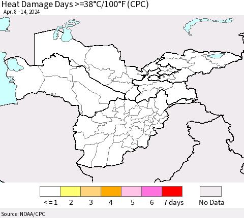 Central Asia Heat Damage Days >=38°C/100°F (CPC) Thematic Map For 4/8/2024 - 4/14/2024