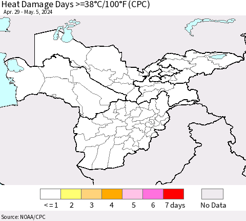 Central Asia Heat Damage Days >=38°C/100°F (CPC) Thematic Map For 4/29/2024 - 5/5/2024