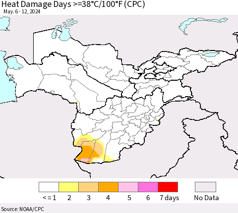 Central Asia Heat Damage Days >=38°C/100°F (CPC) Thematic Map For 5/6/2024 - 5/12/2024
