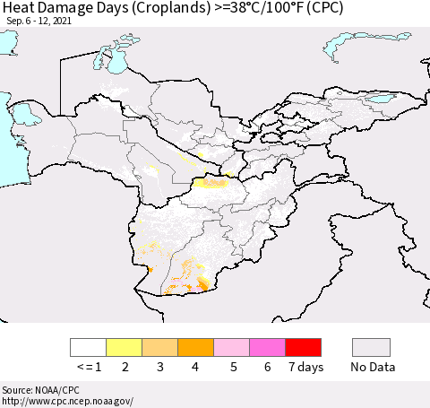 Central Asia Heat Damage Days (Croplands) >=38°C/100°F (CPC) Thematic Map For 9/6/2021 - 9/12/2021
