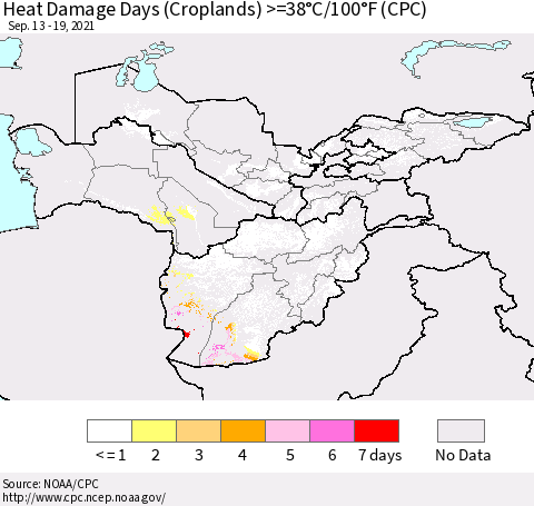 Central Asia Heat Damage Days (Croplands) >=38°C/100°F (CPC) Thematic Map For 9/13/2021 - 9/19/2021