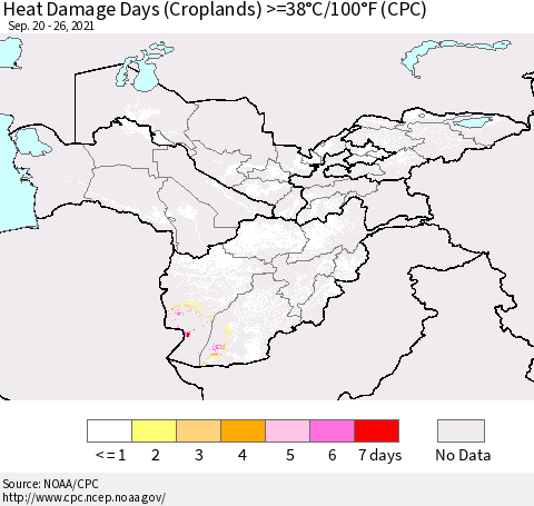 Central Asia Heat Damage Days (Croplands) >=38°C/100°F (CPC) Thematic Map For 9/20/2021 - 9/26/2021