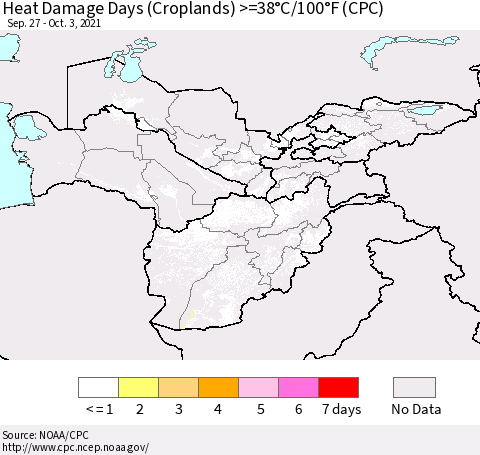 Central Asia Heat Damage Days (Croplands) >=38°C/100°F (CPC) Thematic Map For 9/27/2021 - 10/3/2021
