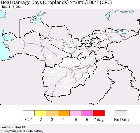 Central Asia Heat Damage Days (Croplands) >=38°C/100°F (CPC) Thematic Map For 11/1/2021 - 11/7/2021
