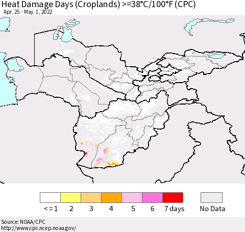 Central Asia Heat Damage Days (Croplands) >=38°C/100°F (CPC) Thematic Map For 4/25/2022 - 5/1/2022