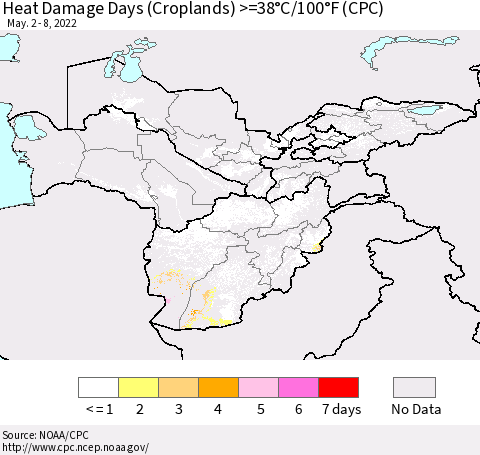Central Asia Heat Damage Days (Croplands) >=38°C/100°F (CPC) Thematic Map For 5/2/2022 - 5/8/2022