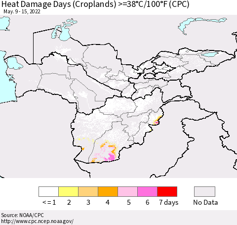 Central Asia Heat Damage Days (Croplands) >=38°C/100°F (CPC) Thematic Map For 5/9/2022 - 5/15/2022