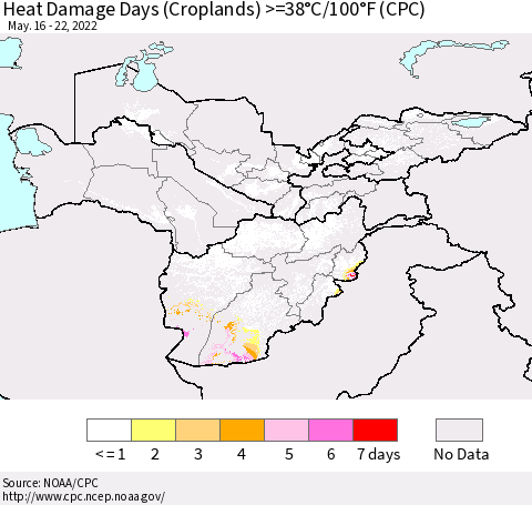 Central Asia Heat Damage Days (Croplands) >=38°C/100°F (CPC) Thematic Map For 5/16/2022 - 5/22/2022