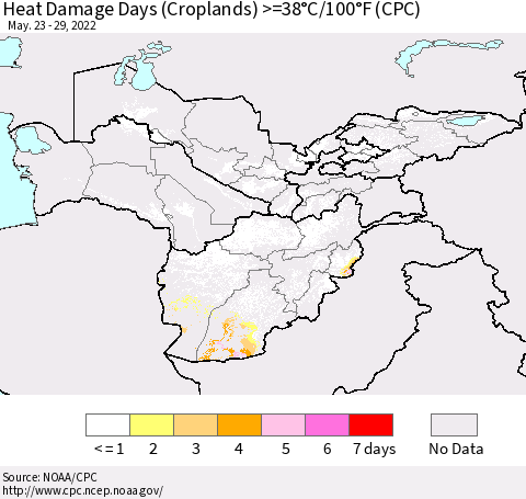 Central Asia Heat Damage Days (Croplands) >=38°C/100°F (CPC) Thematic Map For 5/23/2022 - 5/29/2022