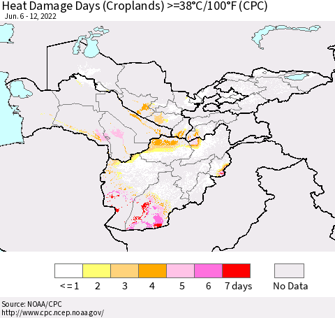 Central Asia Heat Damage Days (Croplands) >=38°C/100°F (CPC) Thematic Map For 6/6/2022 - 6/12/2022