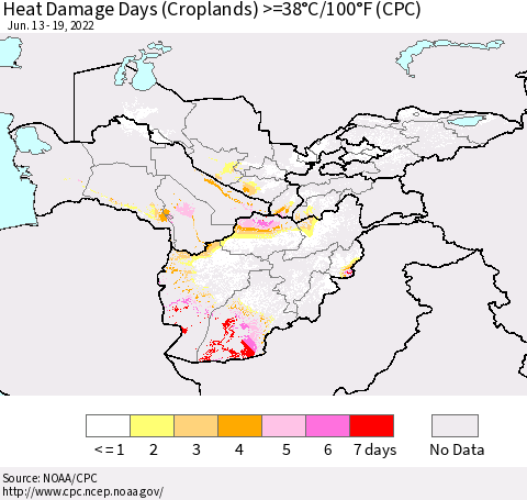Central Asia Heat Damage Days (Croplands) >=38°C/100°F (CPC) Thematic Map For 6/13/2022 - 6/19/2022