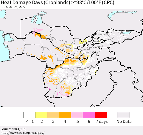 Central Asia Heat Damage Days (Croplands) >=38°C/100°F (CPC) Thematic Map For 6/20/2022 - 6/26/2022