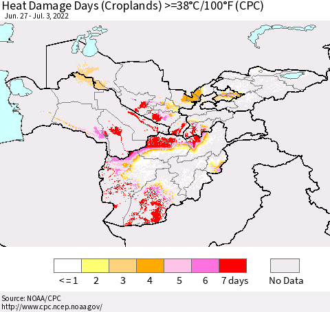 Central Asia Heat Damage Days (Croplands) >=38°C/100°F (CPC) Thematic Map For 6/27/2022 - 7/3/2022
