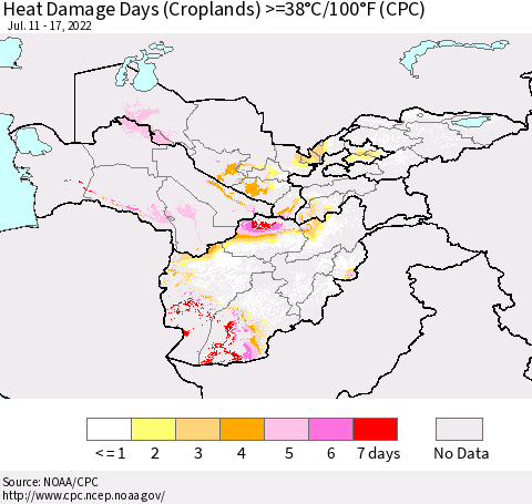 Central Asia Heat Damage Days (Croplands) >=38°C/100°F (CPC) Thematic Map For 7/11/2022 - 7/17/2022