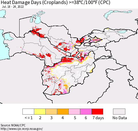 Central Asia Heat Damage Days (Croplands) >=38°C/100°F (CPC) Thematic Map For 7/18/2022 - 7/24/2022