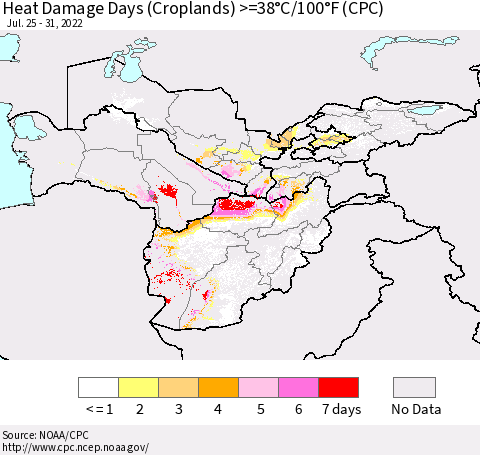 Central Asia Heat Damage Days (Croplands) >=38°C/100°F (CPC) Thematic Map For 7/25/2022 - 7/31/2022