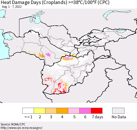Central Asia Heat Damage Days (Croplands) >=38°C/100°F (CPC) Thematic Map For 8/1/2022 - 8/7/2022