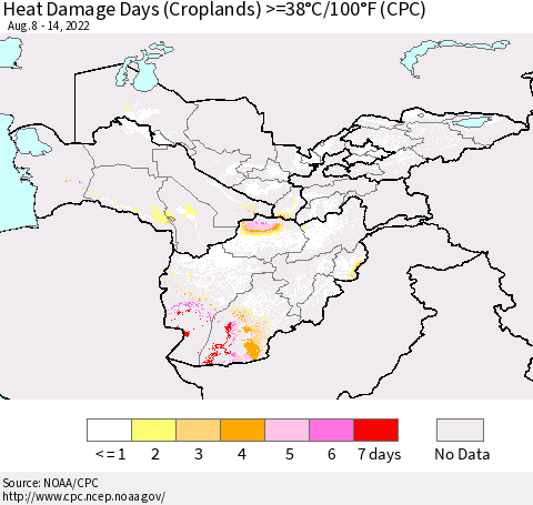 Central Asia Heat Damage Days (Croplands) >=38°C/100°F (CPC) Thematic Map For 8/8/2022 - 8/14/2022