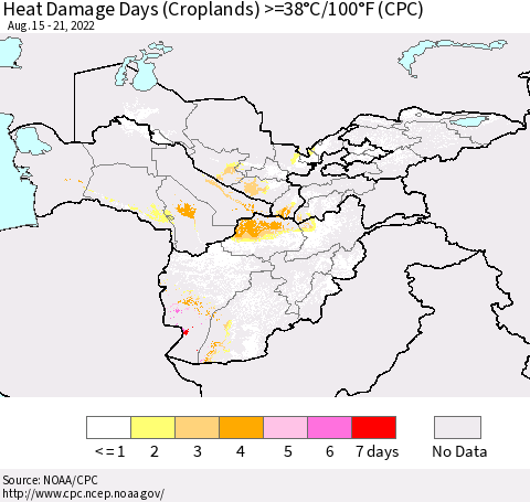 Central Asia Heat Damage Days (Croplands) >=38°C/100°F (CPC) Thematic Map For 8/15/2022 - 8/21/2022