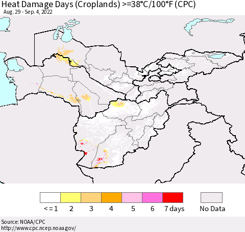 Central Asia Heat Damage Days (Croplands) >=38°C/100°F (CPC) Thematic Map For 8/29/2022 - 9/4/2022