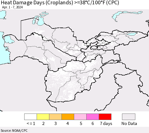 Central Asia Heat Damage Days (Croplands) >=38°C/100°F (CPC) Thematic Map For 4/1/2024 - 4/7/2024
