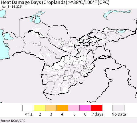 Central Asia Heat Damage Days (Croplands) >=38°C/100°F (CPC) Thematic Map For 4/8/2024 - 4/14/2024