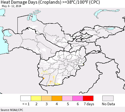 Central Asia Heat Damage Days (Croplands) >=38°C/100°F (CPC) Thematic Map For 5/6/2024 - 5/12/2024