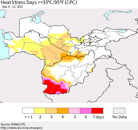Central Asia Heat Stress Days >=35°C/95°F (CPC) Thematic Map For 9/6/2021 - 9/12/2021