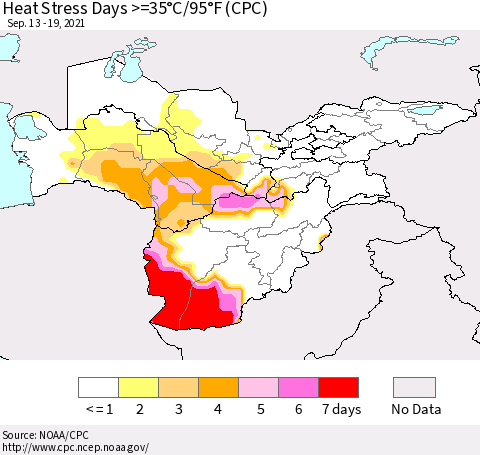 Central Asia Heat Stress Days >=35°C/95°F (CPC) Thematic Map For 9/13/2021 - 9/19/2021
