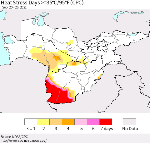 Central Asia Heat Stress Days >=35°C/95°F (CPC) Thematic Map For 9/20/2021 - 9/26/2021