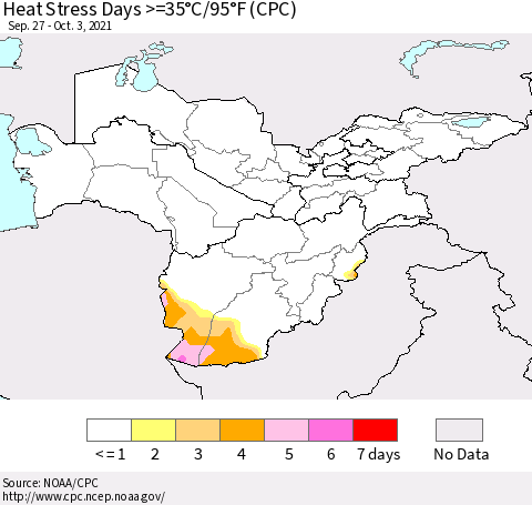 Central Asia Heat Stress Days >=35°C/95°F (CPC) Thematic Map For 9/27/2021 - 10/3/2021