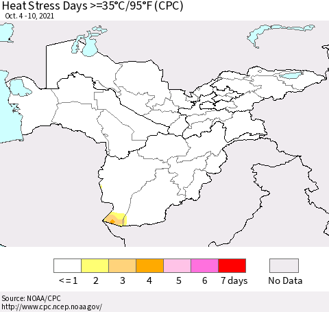 Central Asia Heat Stress Days >=35°C/95°F (CPC) Thematic Map For 10/4/2021 - 10/10/2021