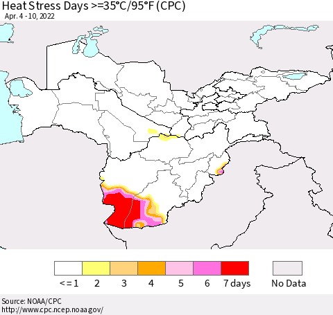 Central Asia Heat Stress Days >=35°C/95°F (CPC) Thematic Map For 4/4/2022 - 4/10/2022