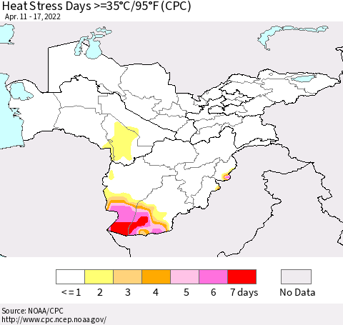 Central Asia Heat Stress Days >=35°C/95°F (CPC) Thematic Map For 4/11/2022 - 4/17/2022