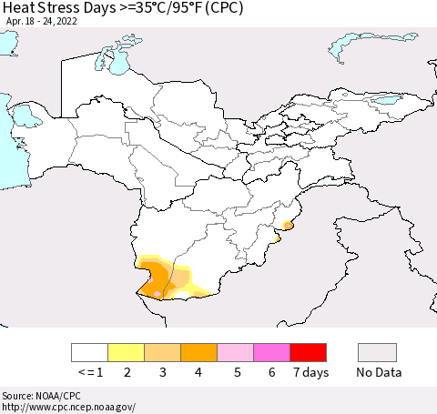 Central Asia Heat Stress Days >=35°C/95°F (CPC) Thematic Map For 4/18/2022 - 4/24/2022