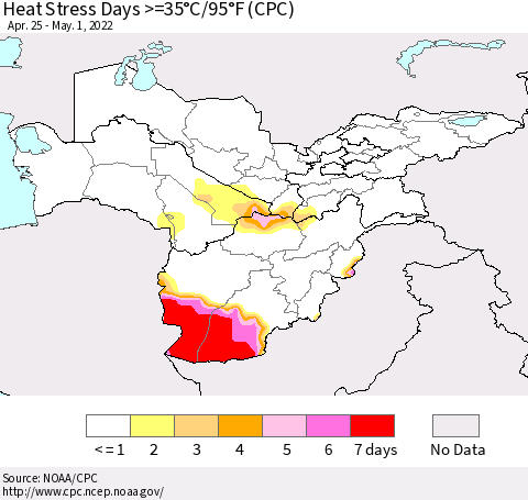 Central Asia Heat Stress Days >=35°C/95°F (CPC) Thematic Map For 4/25/2022 - 5/1/2022