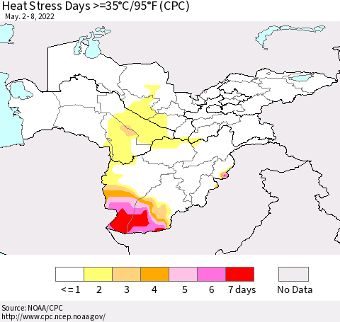 Central Asia Heat Stress Days >=35°C/95°F (CPC) Thematic Map For 5/2/2022 - 5/8/2022