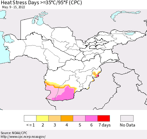 Central Asia Heat Stress Days >=35°C/95°F (CPC) Thematic Map For 5/9/2022 - 5/15/2022