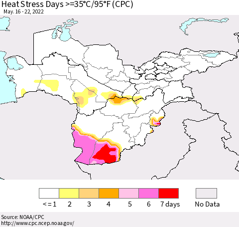 Central Asia Heat Stress Days >=35°C/95°F (CPC) Thematic Map For 5/16/2022 - 5/22/2022