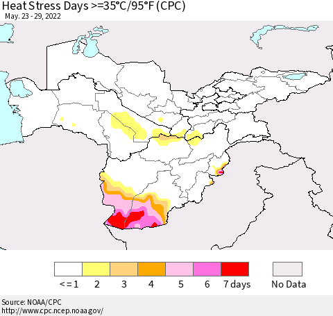 Central Asia Heat Stress Days >=35°C/95°F (CPC) Thematic Map For 5/23/2022 - 5/29/2022