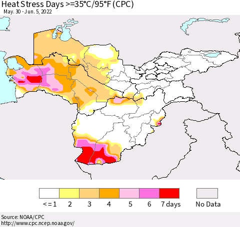 Central Asia Heat Stress Days >=35°C/95°F (CPC) Thematic Map For 5/30/2022 - 6/5/2022