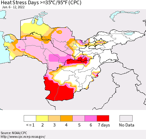 Central Asia Heat Stress Days >=35°C/95°F (CPC) Thematic Map For 6/6/2022 - 6/12/2022