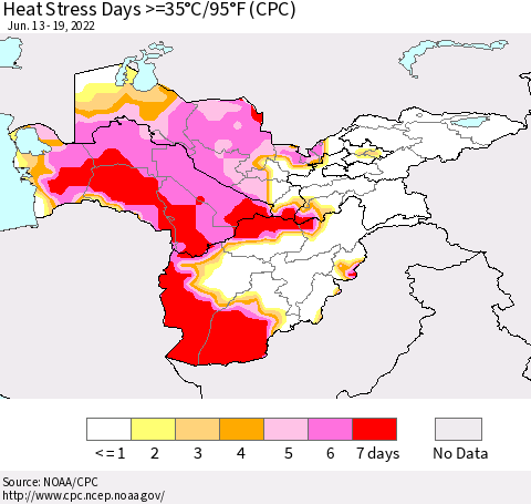 Central Asia Heat Stress Days >=35°C/95°F (CPC) Thematic Map For 6/13/2022 - 6/19/2022