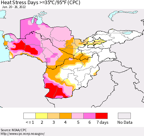 Central Asia Heat Stress Days >=35°C/95°F (CPC) Thematic Map For 6/20/2022 - 6/26/2022