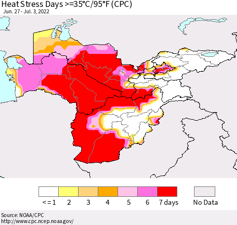 Central Asia Heat Stress Days >=35°C/95°F (CPC) Thematic Map For 6/27/2022 - 7/3/2022