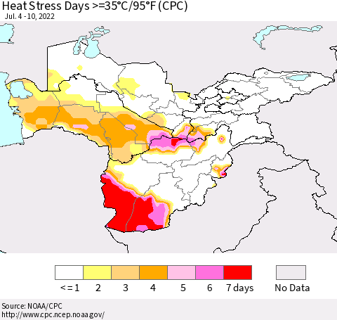Central Asia Heat Stress Days >=35°C/95°F (CPC) Thematic Map For 7/4/2022 - 7/10/2022