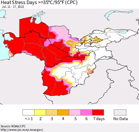 Central Asia Heat Stress Days >=35°C/95°F (CPC) Thematic Map For 7/11/2022 - 7/17/2022